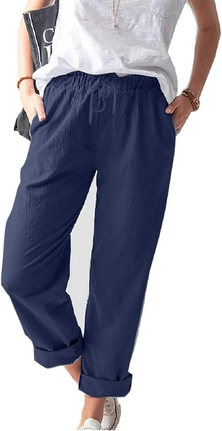 Womens Cotton Linen Straight Leg Pants Summer Drawstring Elastic High Waist Pants Casual Trousers with Pockets