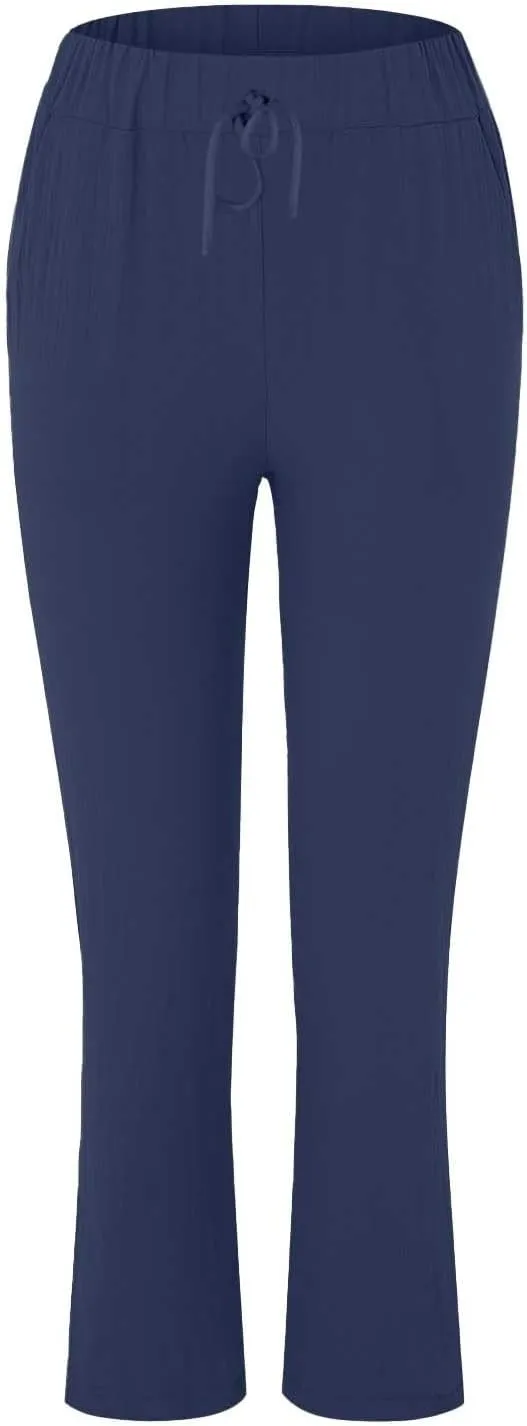Womens Cotton Linen Straight Leg Pants Summer Drawstring Elastic High Waist Pants Casual Trousers with Pockets