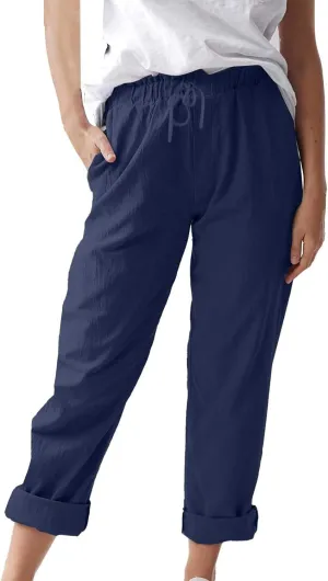 Womens Cotton Linen Straight Leg Pants Summer Drawstring Elastic High Waist Pants Casual Trousers with Pockets
