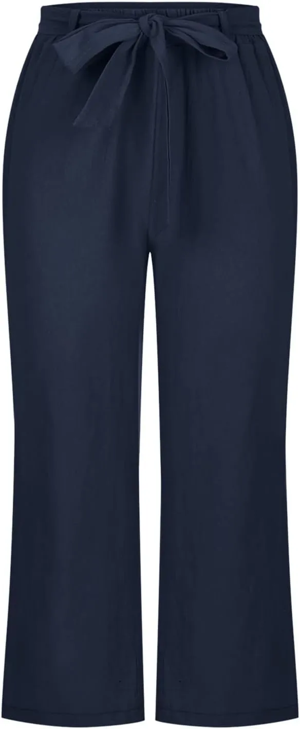 Women's Cotton Linen Summer Casual Palazzo Lounge Pants Low Waist Baggy Stretchy Slim-Fit Pants Vacation