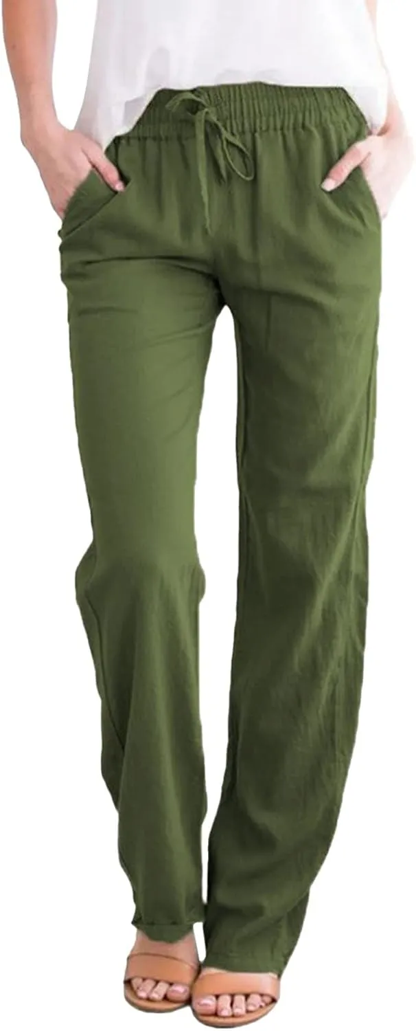 Women's Cotton Linen Summer Lightweigt Pant Trousers Low Waist Wide Leg Slim Fit Pants Office