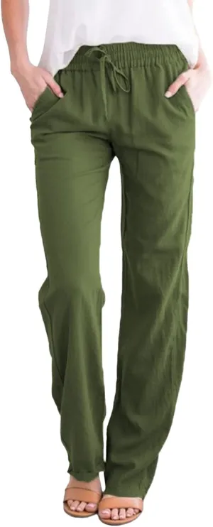 Women's Cotton Linen Summer Lightweigt Pant Trousers Low Waist Wide Leg Slim Fit Pants Office