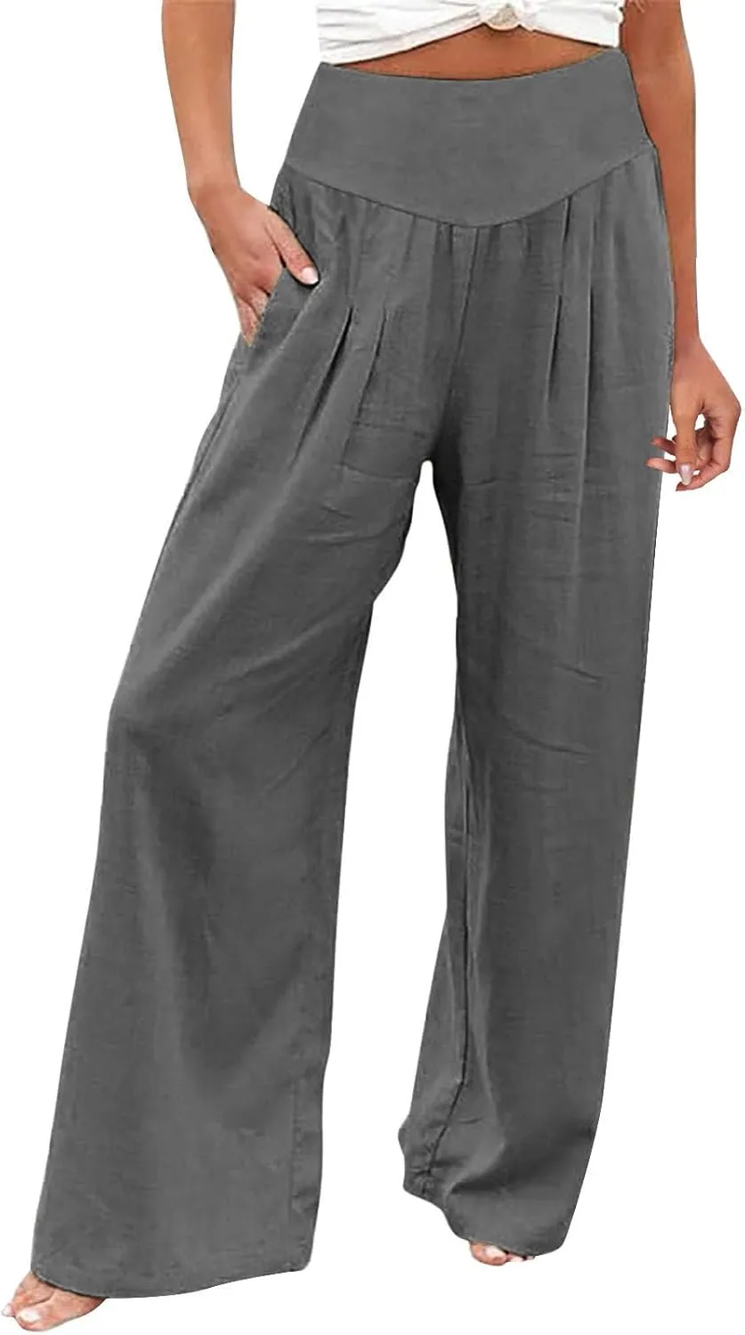 Womens Cotton Linen Summer Trendy Palazzo Pants High Waist Ankle Length Plus Size Palazzo Lounge Pants Vacation
