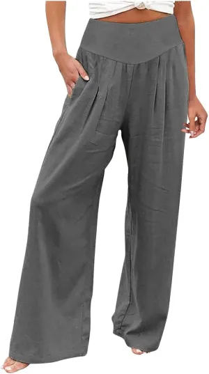 Womens Cotton Linen Summer Trendy Palazzo Pants High Waist Ankle Length Plus Size Palazzo Lounge Pants Vacation