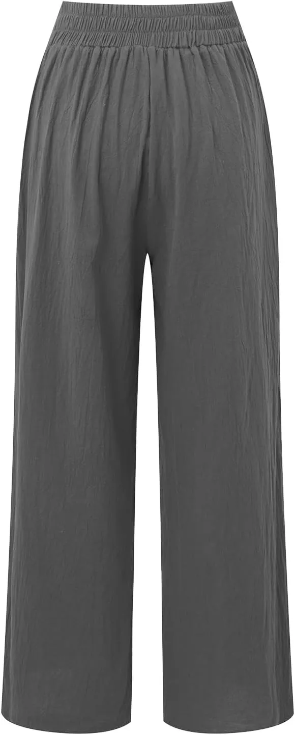 Womens Cotton Linen Summer Trendy Palazzo Pants High Waist Ankle Length Plus Size Palazzo Lounge Pants Vacation