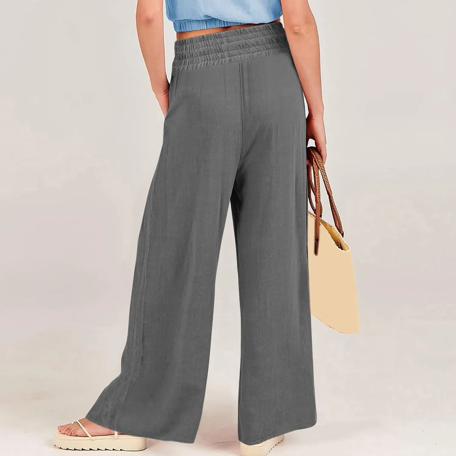Womens Cotton Linen Summer Trendy Palazzo Pants High Waist Ankle Length Plus Size Palazzo Lounge Pants Vacation