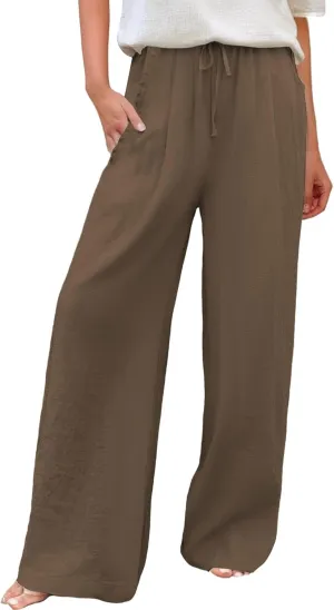 Women's Cotton Linen Wide Leg Pants Travel Work Palazzo Trousers with Pockets Drawstring Straight Beach Comfy Casual Pants Black