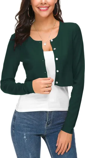 Women's Cropped Knit Cardigan Sweater Long Sleeve Button Down Open Front Bolero Shrug for Spring and Fall