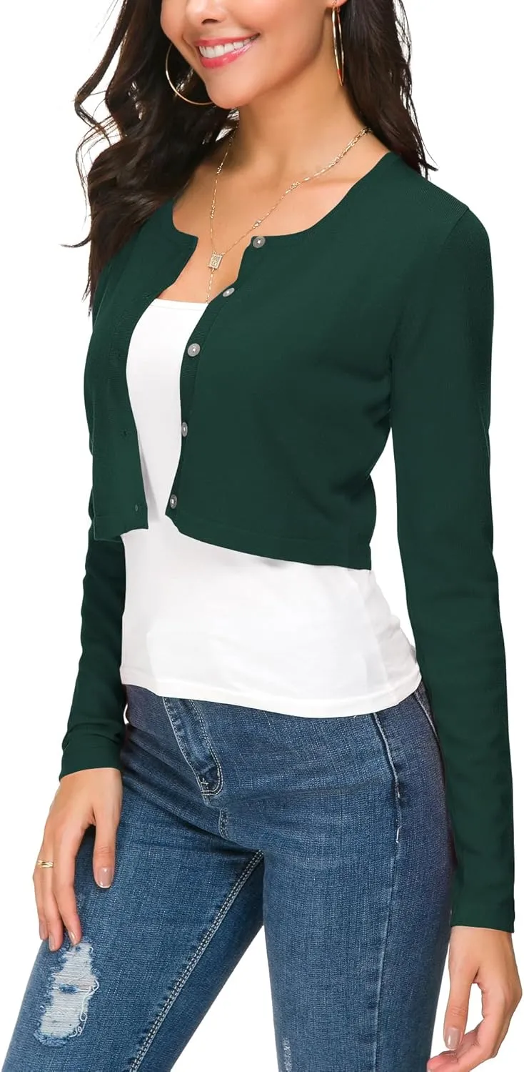 Women's Cropped Knit Cardigan Sweater Long Sleeve Button Down Open Front Bolero Shrug for Spring and Fall