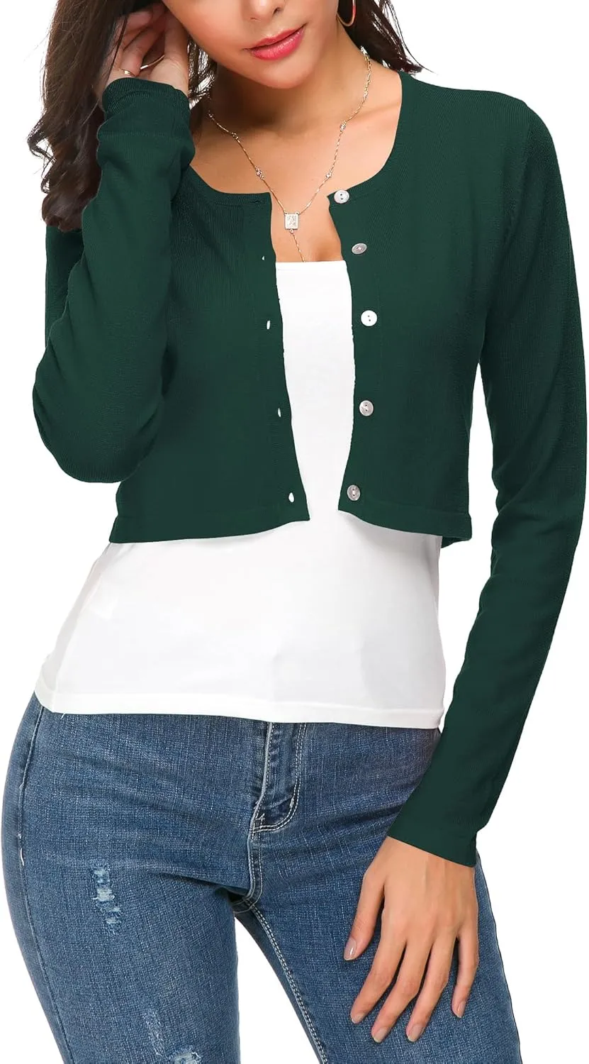 Women's Cropped Knit Cardigan Sweater Long Sleeve Button Down Open Front Bolero Shrug for Spring and Fall