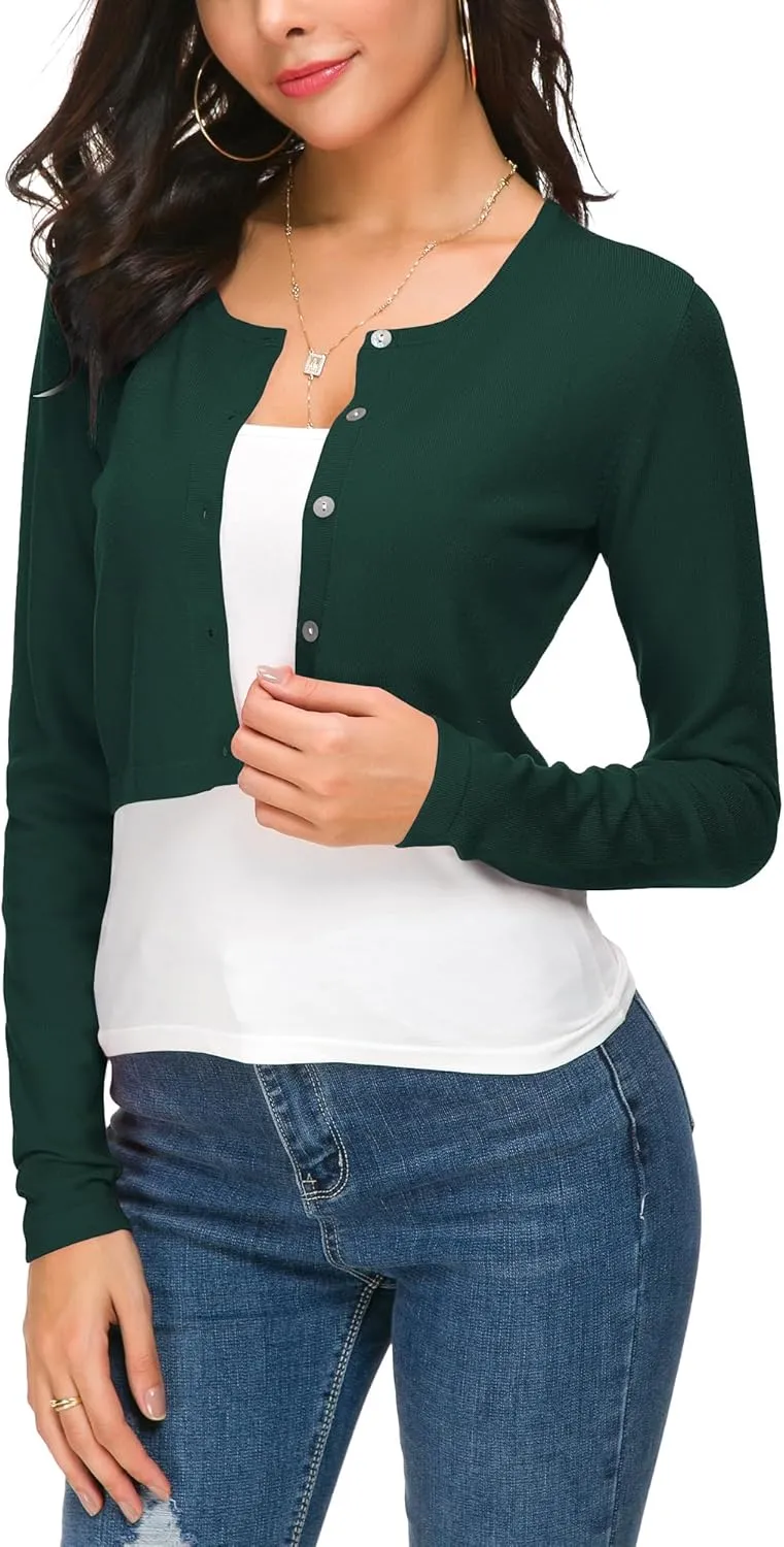 Women's Cropped Knit Cardigan Sweater Long Sleeve Button Down Open Front Bolero Shrug for Spring and Fall