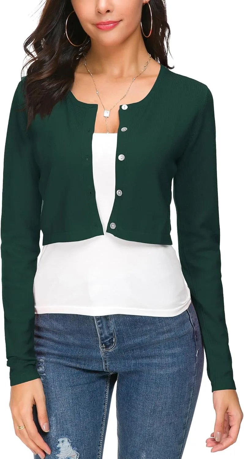 Women's Cropped Knit Cardigan Sweater Long Sleeve Button Down Open Front Bolero Shrug for Spring and Fall