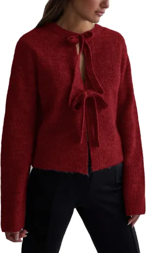 Women's Cropped Ribbed Knit Cardigan Long Sleeve Bow Tie Front Open Front Knitwear Tops(Red,S)