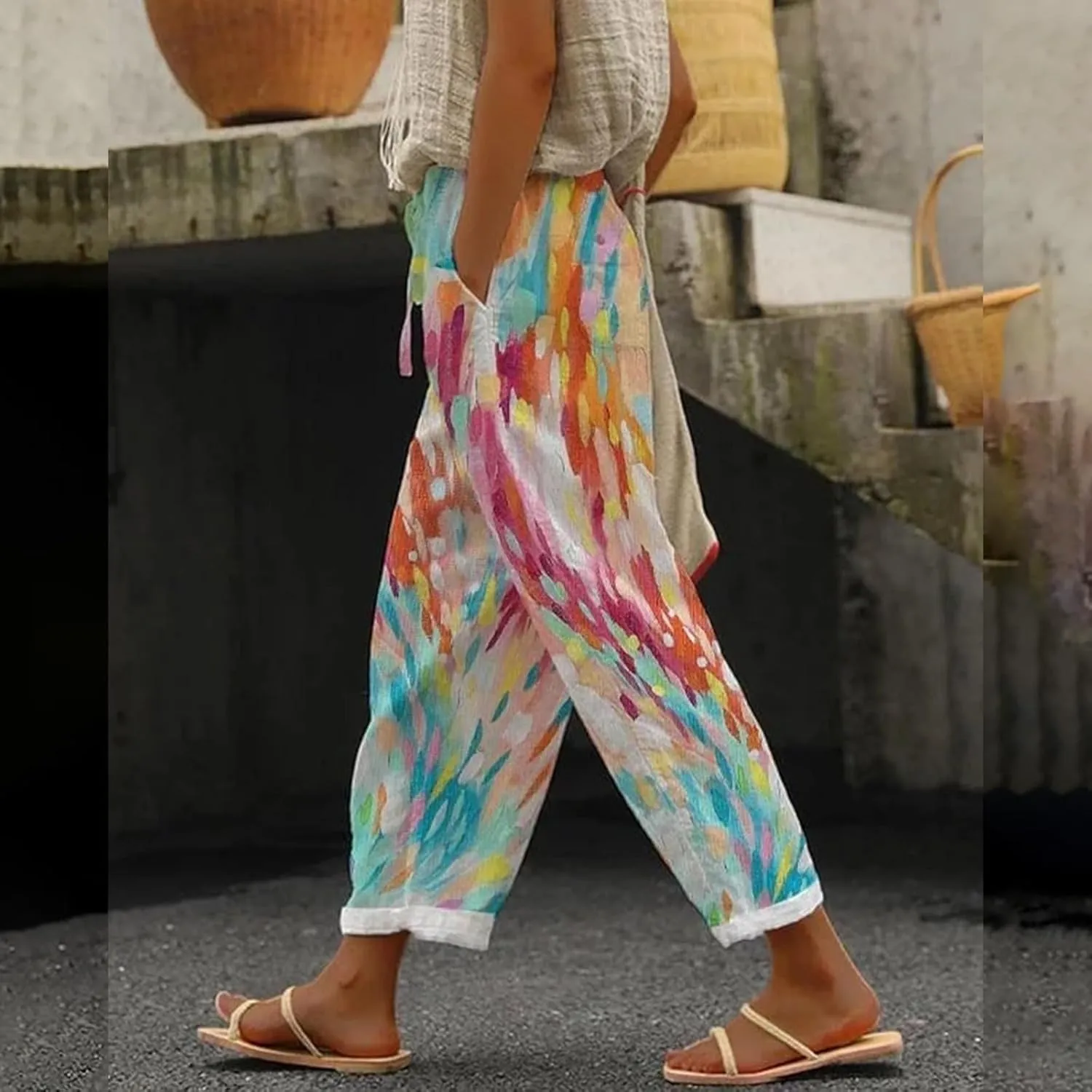 Women's Floral Print Wide Leg Linen Pants with Pockets Elastic Waist Loose Casual Trousers Business Work Casual Pants
