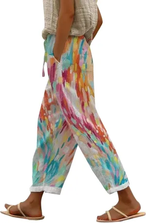 Women's Floral Print Wide Leg Linen Pants with Pockets Elastic Waist Loose Casual Trousers Business Work Casual Pants