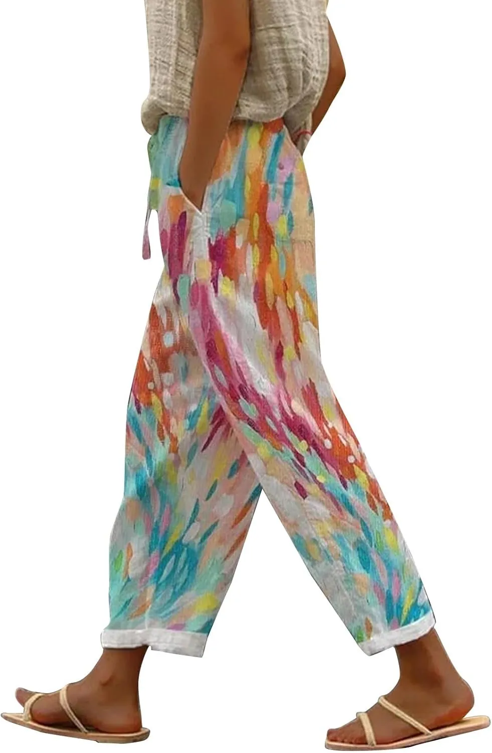 Women's Floral Print Wide Leg Linen Pants with Pockets Elastic Waist Loose Casual Trousers Business Work Casual Pants