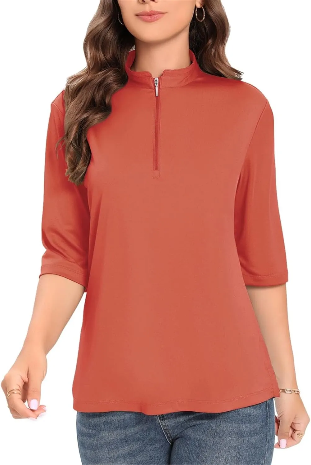 Womens Golf Shirt Quick Dry 3/4 Sleeve Tennis Tops UPF50  Collared Golf Polo Shirts for Women with Zipper