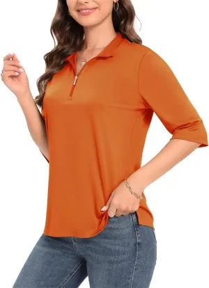 Womens Golf Shirt Quick Dry 3/4 Sleeve Tennis Tops UPF50  Collared Golf Polo Shirts for Women with Zipper