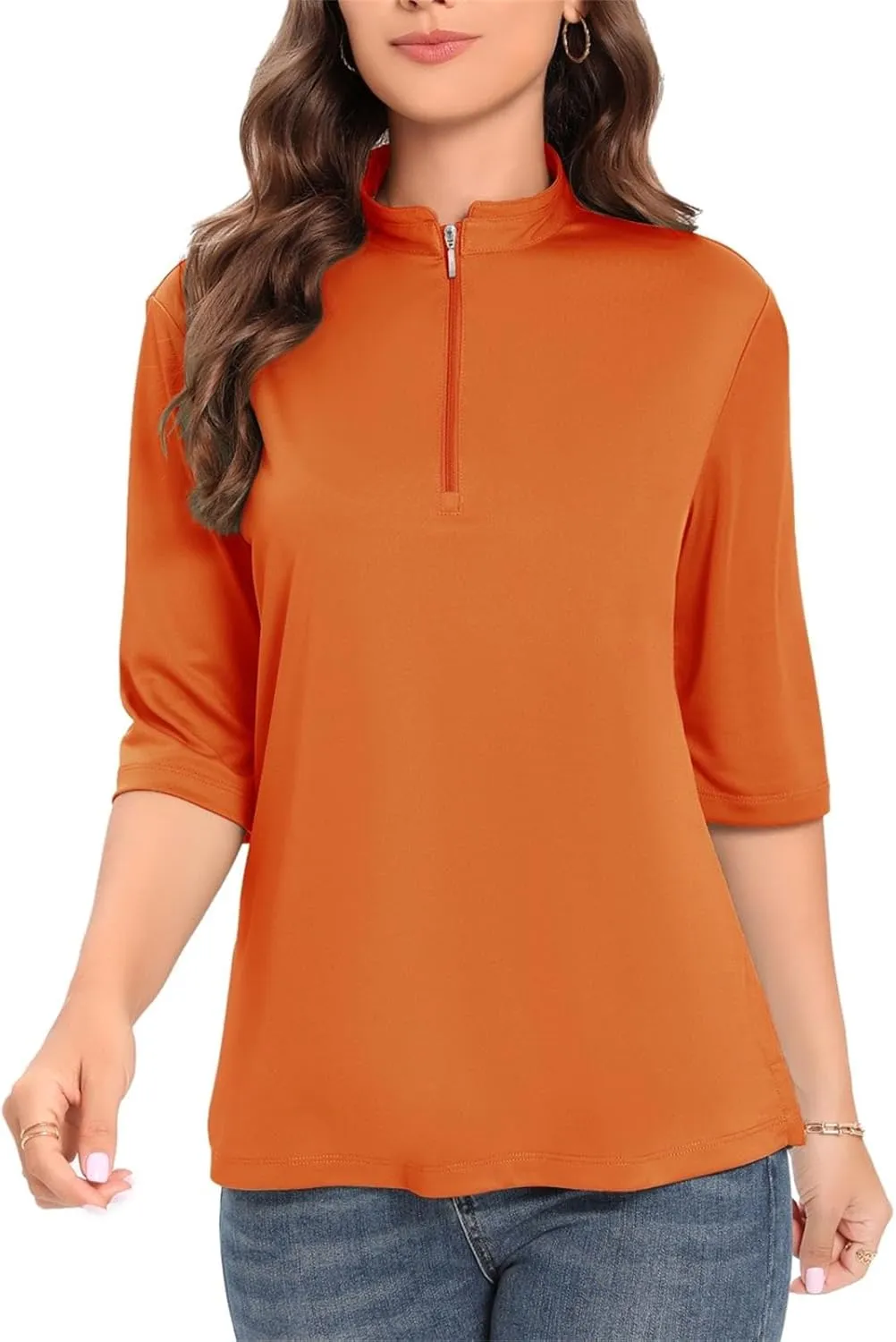 Womens Golf Shirt Quick Dry 3/4 Sleeve Tennis Tops UPF50  Collared Golf Polo Shirts for Women with Zipper