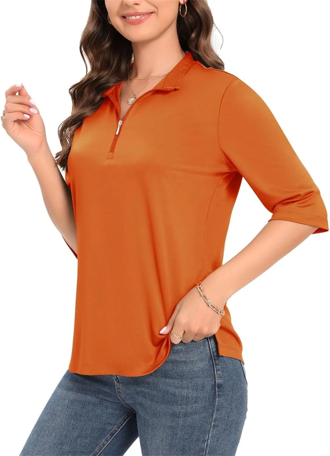 Womens Golf Shirt Quick Dry 3/4 Sleeve Tennis Tops UPF50  Collared Golf Polo Shirts for Women with Zipper