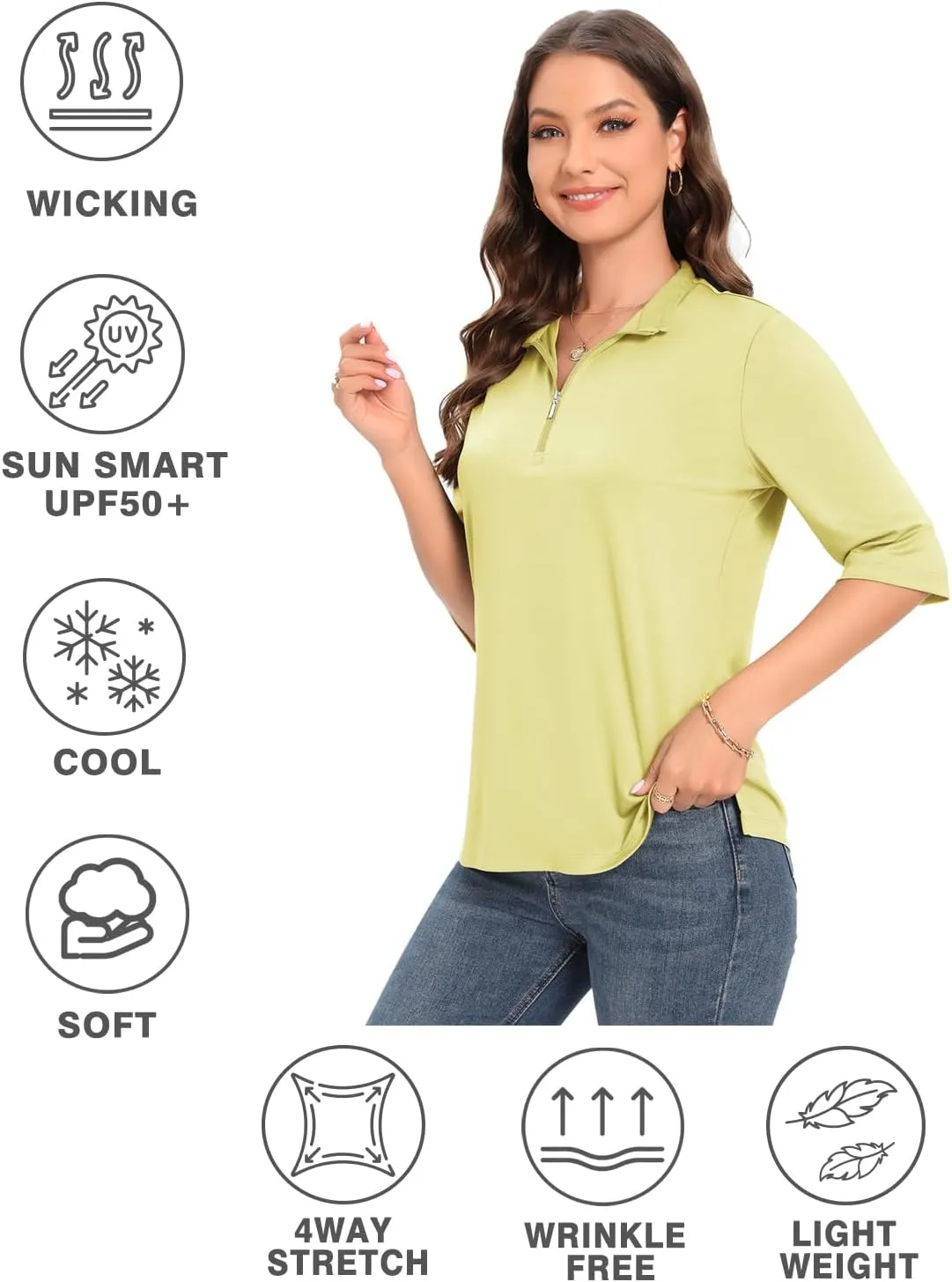 Womens Golf Shirt Quick Dry 3/4 Sleeve Tennis Tops UPF50  Collared Golf Polo Shirts for Women with Zipper