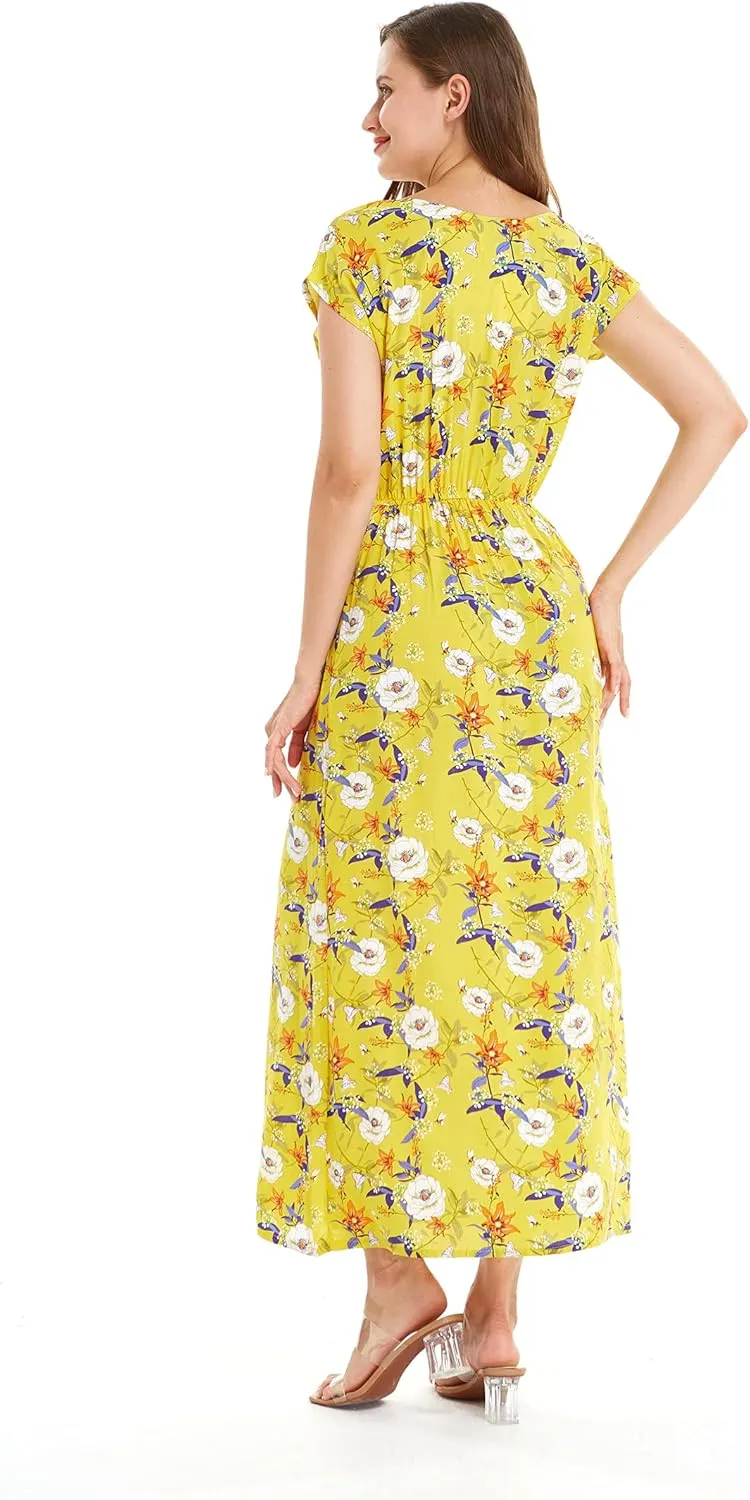 Women's Hawaiian Luau Cap Sleeve Maxi Simple Dress in Pineapple Garden