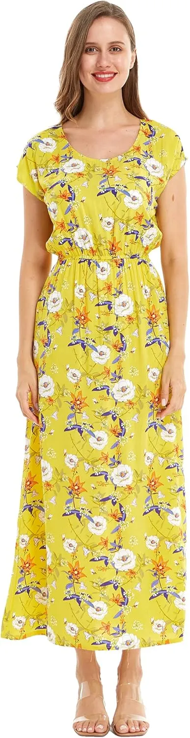 Women's Hawaiian Luau Cap Sleeve Maxi Simple Dress in Pineapple Garden
