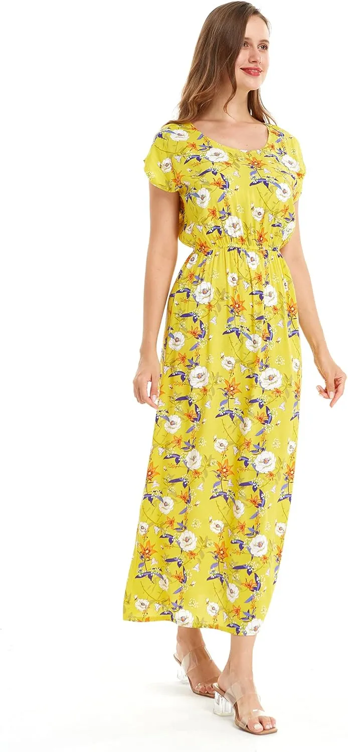 Women's Hawaiian Luau Cap Sleeve Maxi Simple Dress in Pineapple Garden