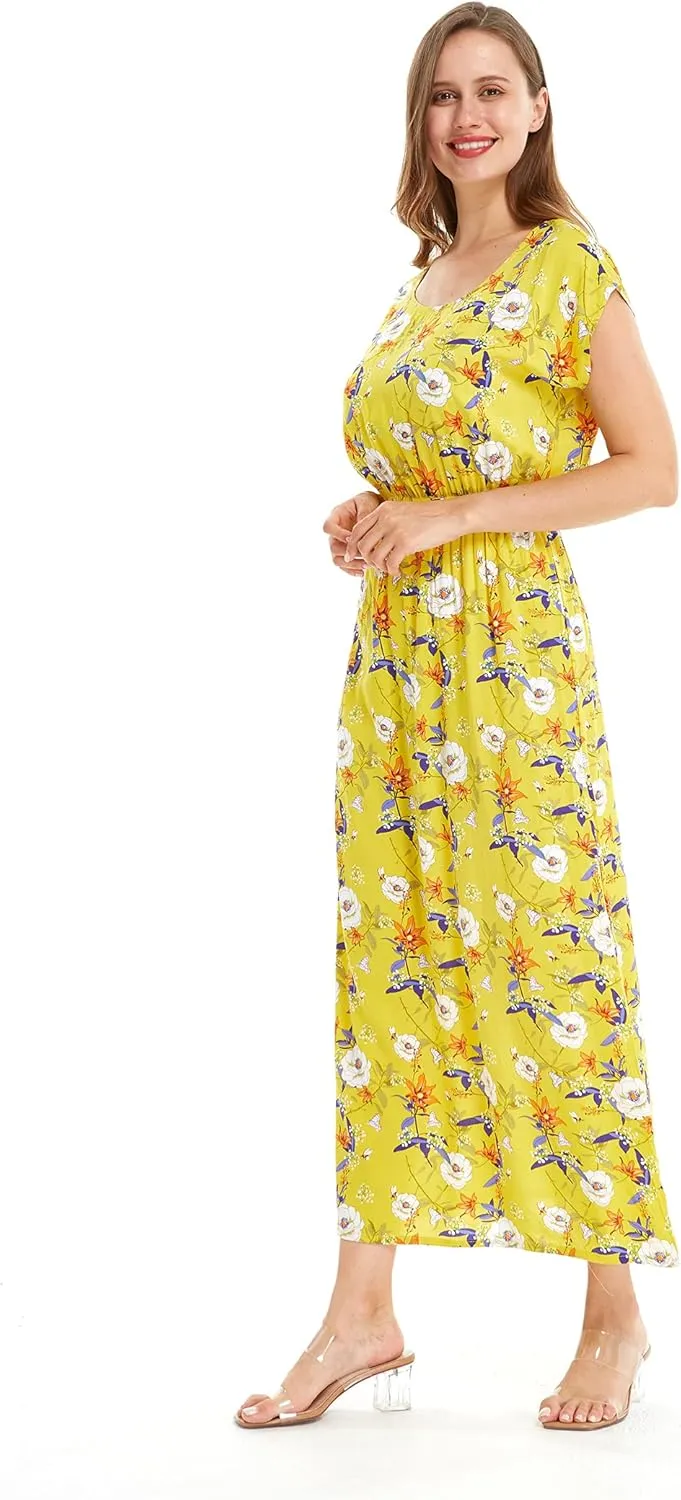 Women's Hawaiian Luau Cap Sleeve Maxi Simple Dress in Pineapple Garden