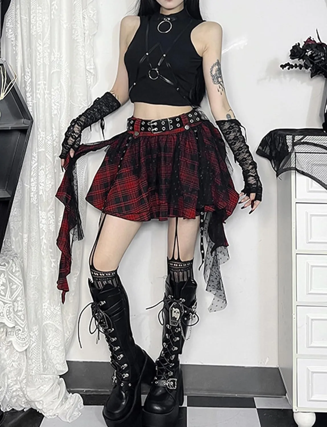 Women's High Waist Mini Skirt Gothic Punk Plaid Skirts Lace-Up Y2k Pleated Skirt