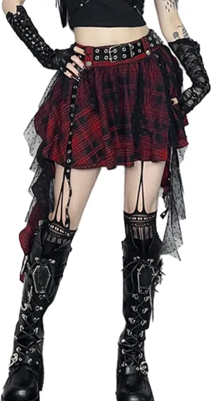 Women's High Waist Mini Skirt Gothic Punk Plaid Skirts Lace-Up Y2k Pleated Skirt