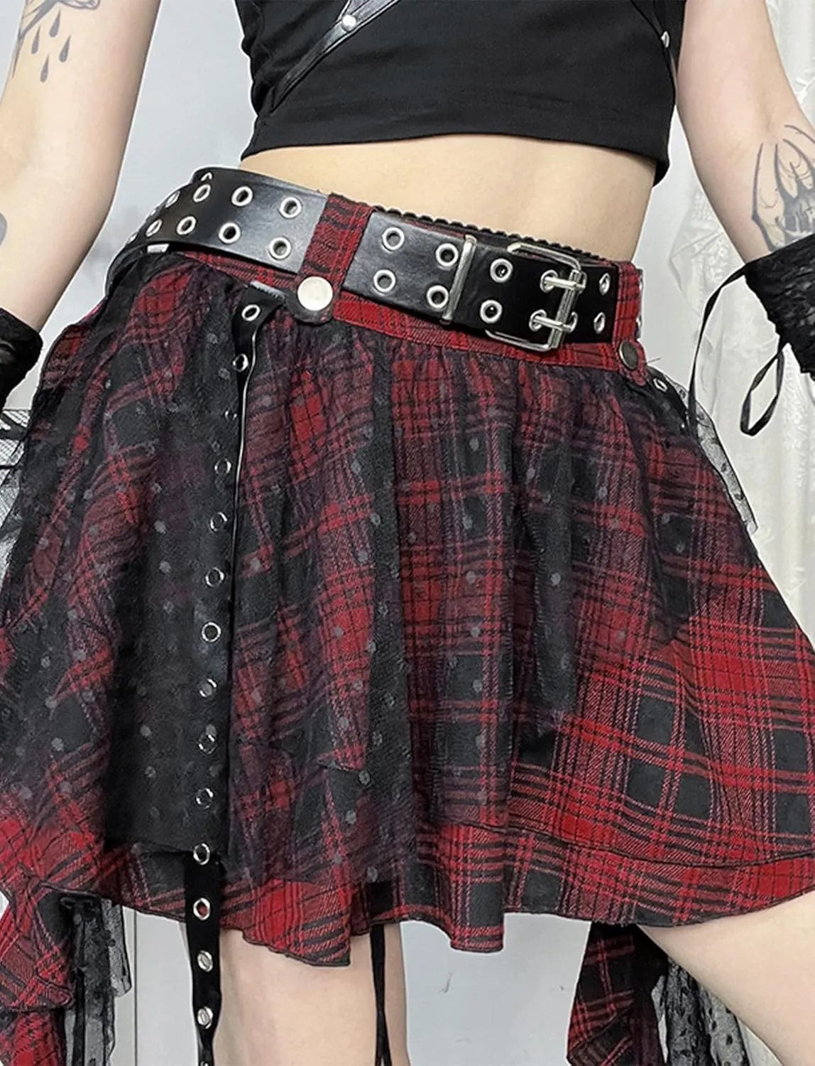 Women's High Waist Mini Skirt Gothic Punk Plaid Skirts Lace-Up Y2k Pleated Skirt