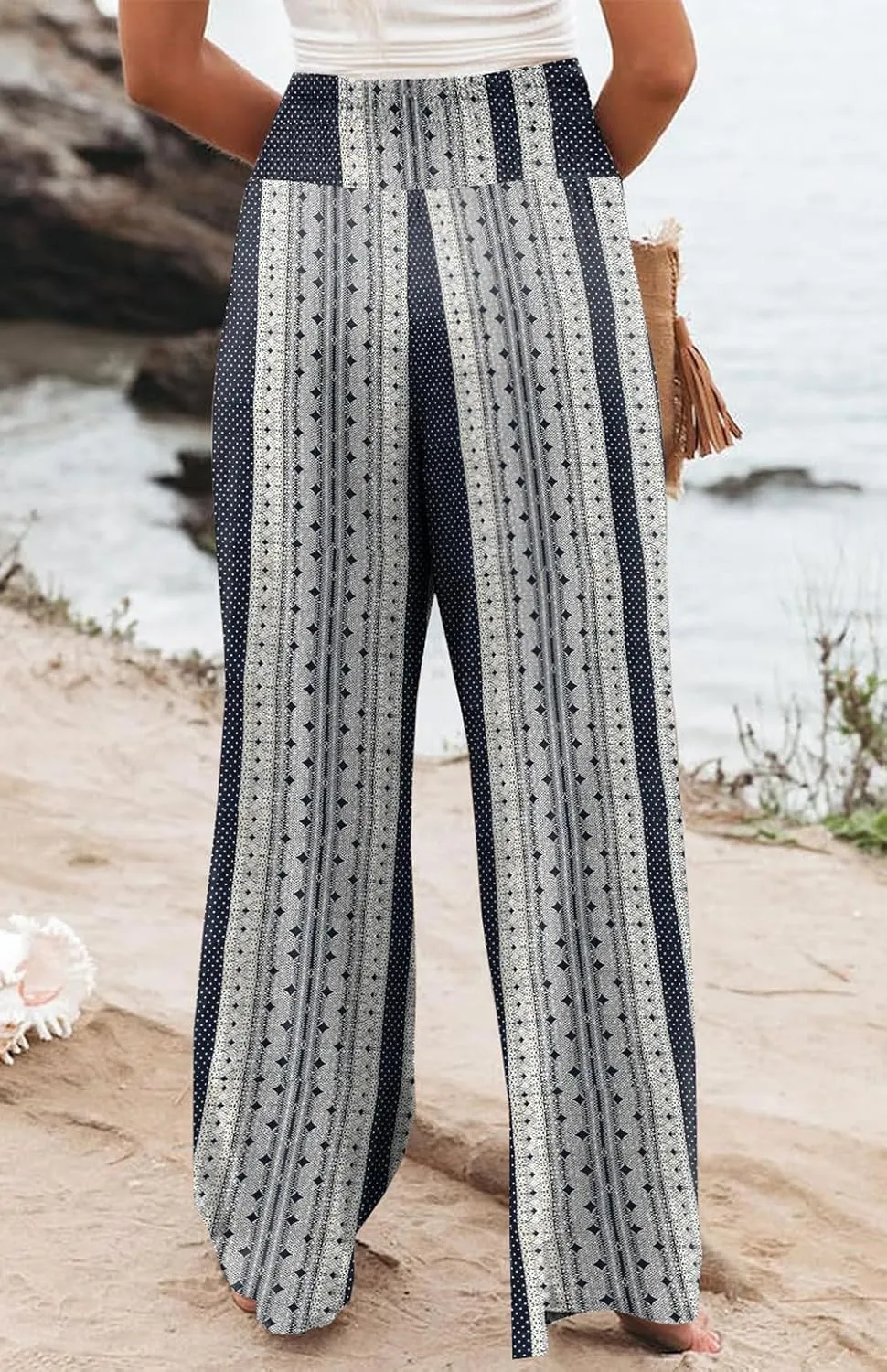 Womens High Waisted Wide Leg Palazzo Pants Casual Lounge Boho Flowy Pants with Pockets