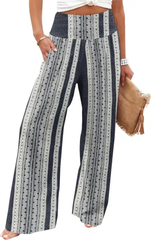Womens High Waisted Wide Leg Palazzo Pants Casual Lounge Boho Flowy Pants with Pockets