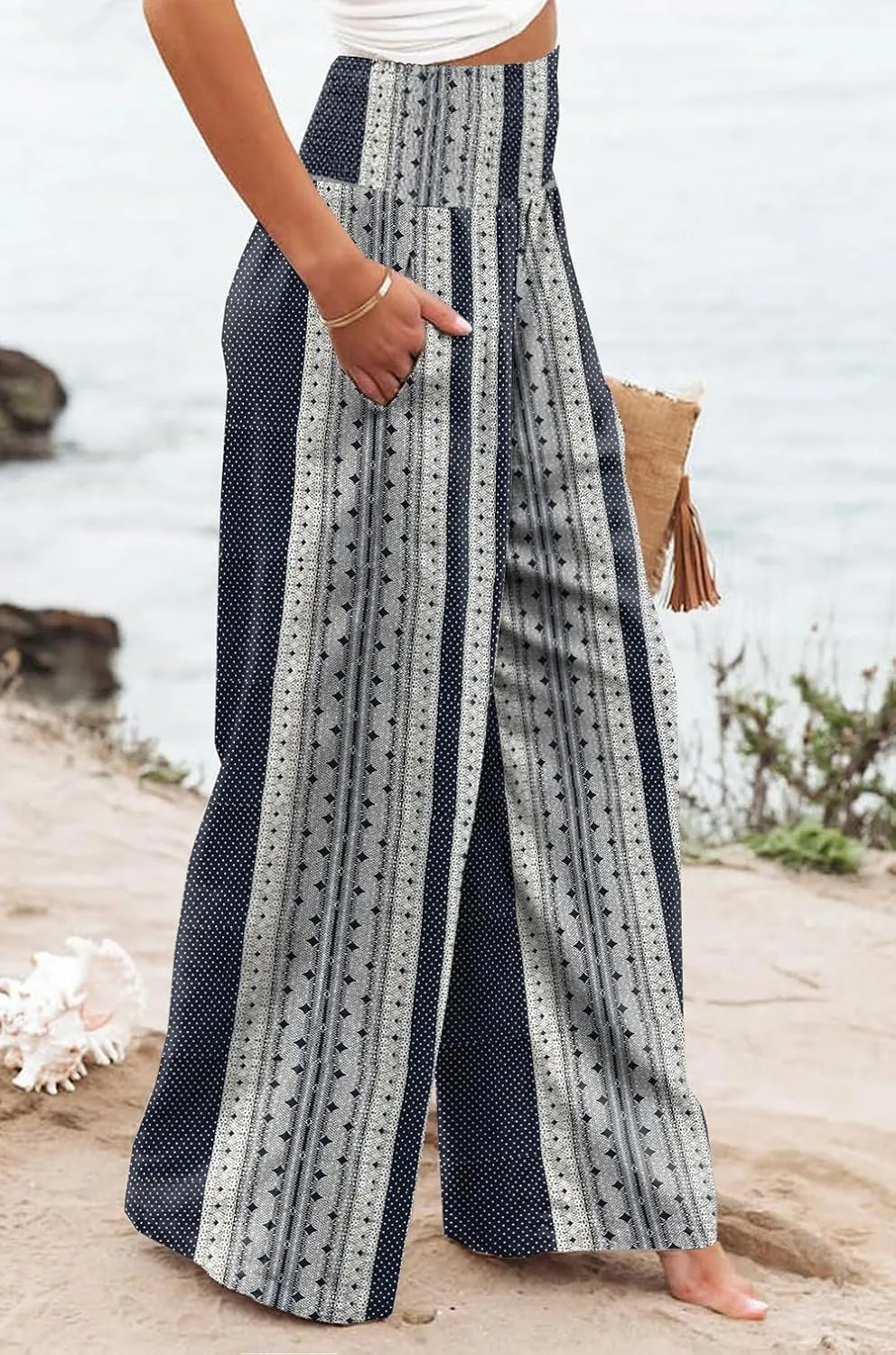 Womens High Waisted Wide Leg Palazzo Pants Casual Lounge Boho Flowy Pants with Pockets