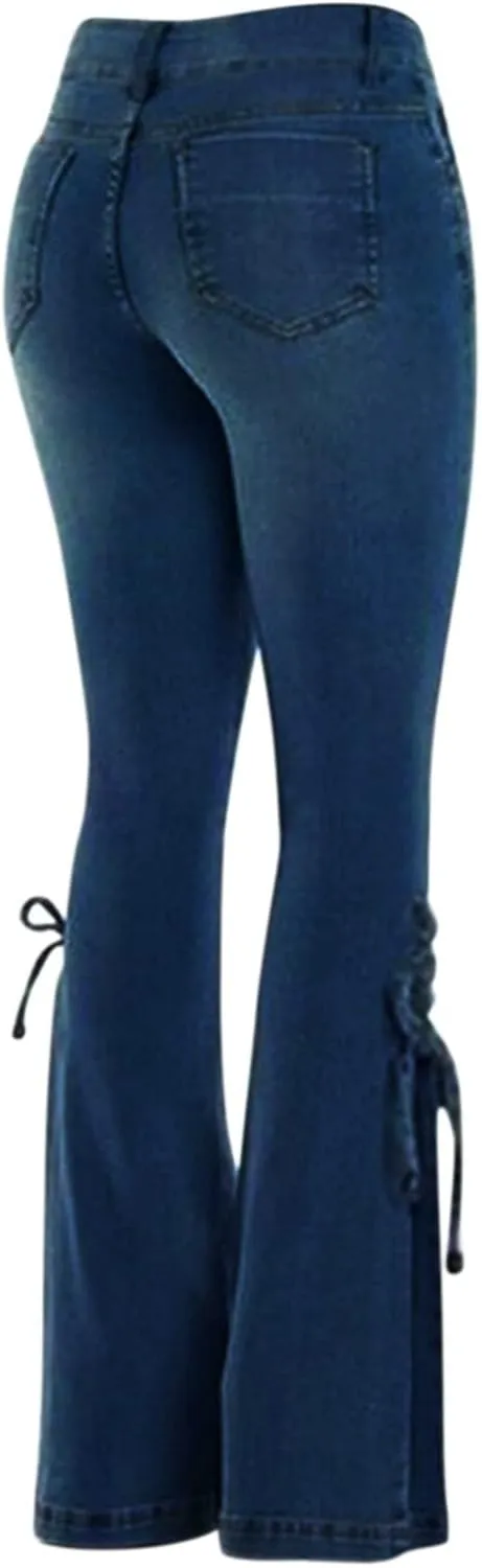Women's Lace-up Bell Bottom Denim Pants Mid Waist Stretchy Flare Juniors Jeans Trouser Leggings Streetwear