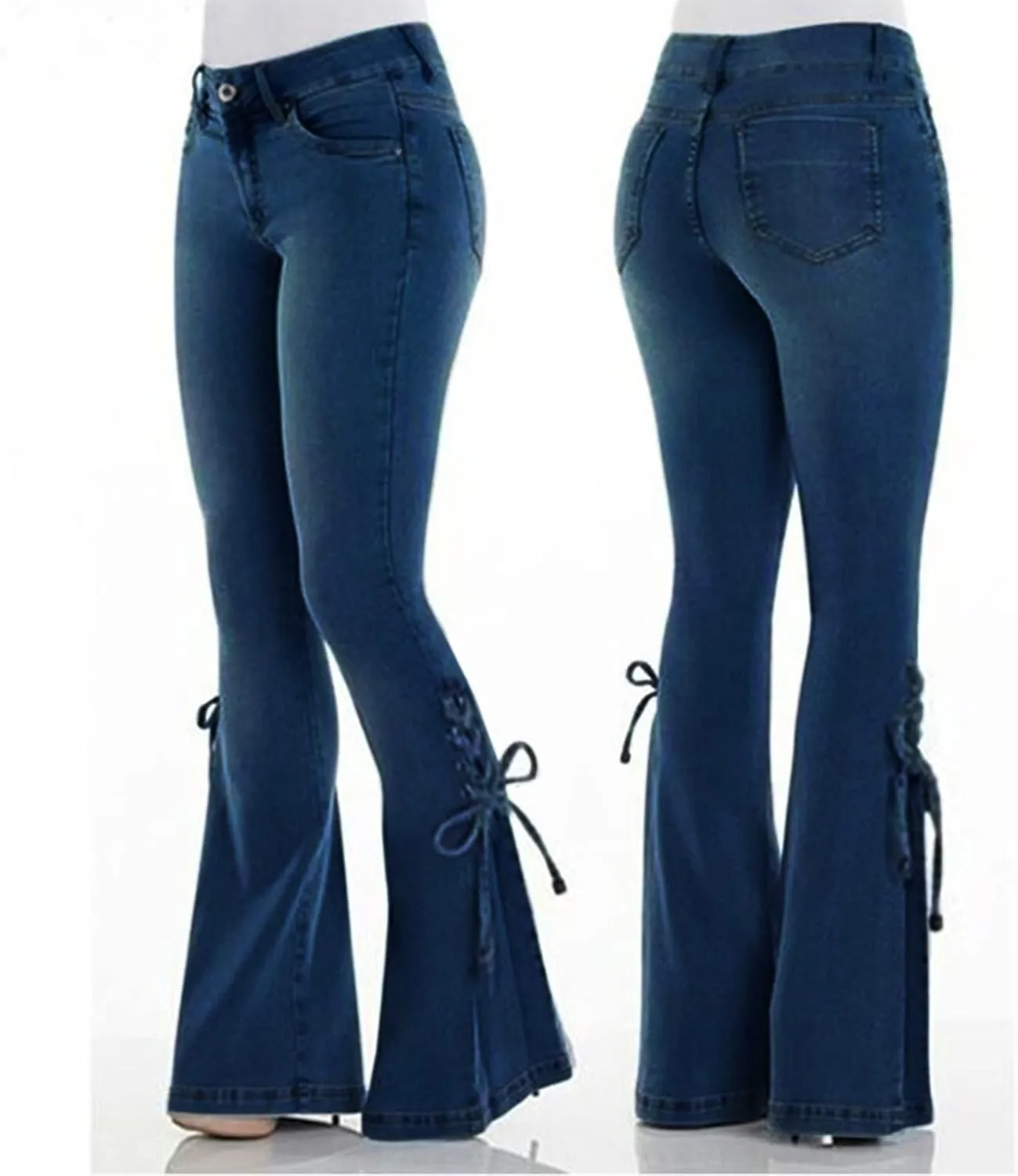 Women's Lace-up Bell Bottom Denim Pants Mid Waist Stretchy Flare Juniors Jeans Trouser Leggings Streetwear
