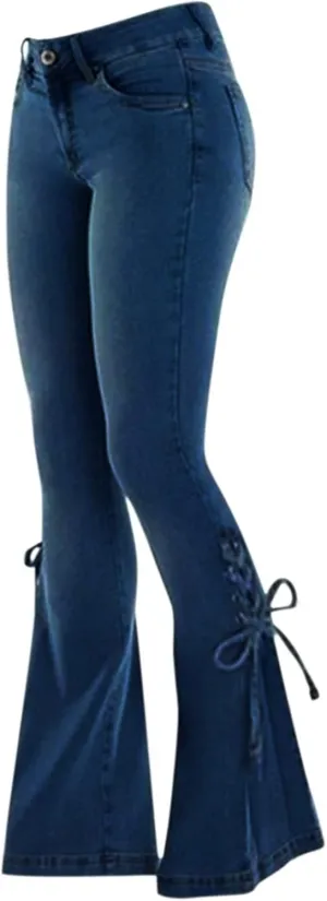 Women's Lace-up Bell Bottom Denim Pants Mid Waist Stretchy Flare Juniors Jeans Trouser Leggings Streetwear