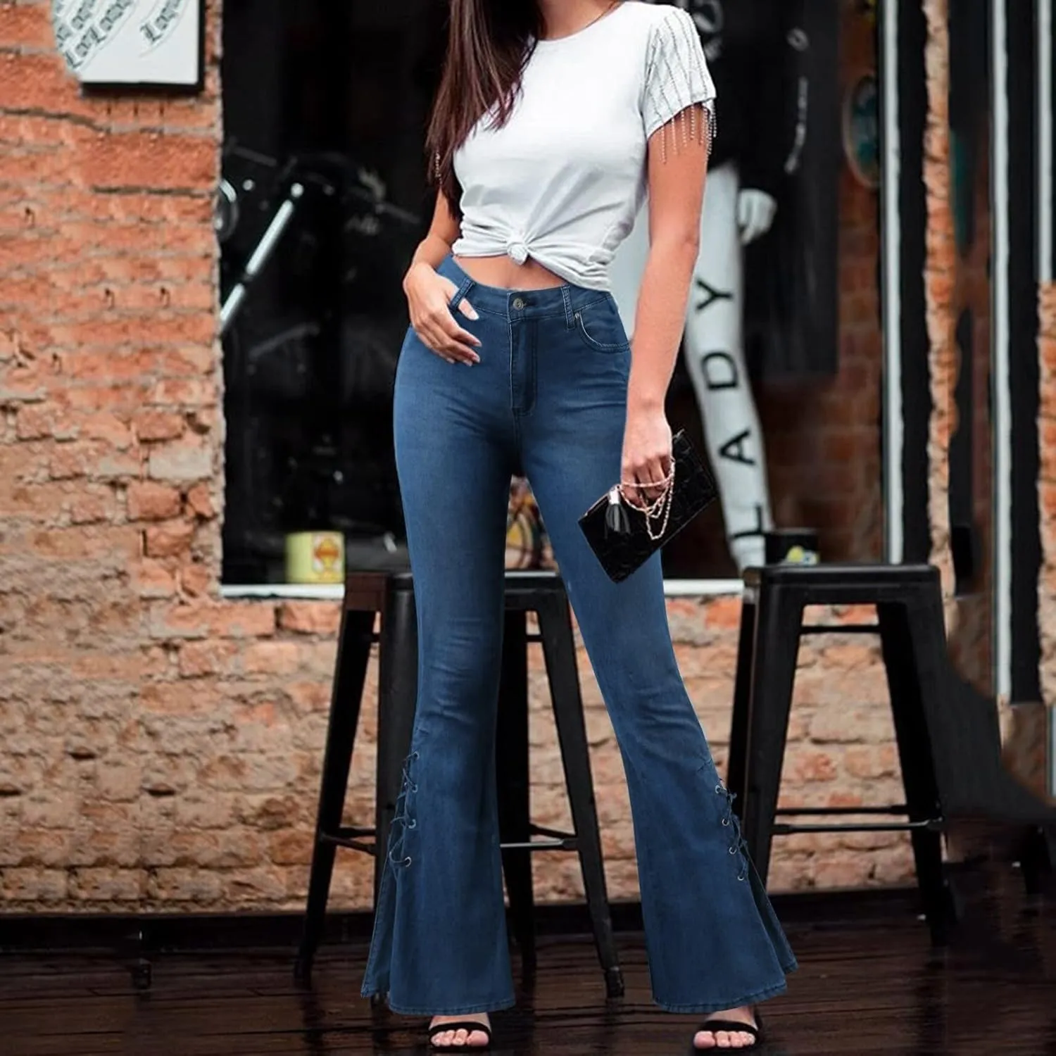 Women's Lace-up Bell Bottom Denim Pants Mid Waist Stretchy Flare Juniors Jeans Trouser Leggings Streetwear