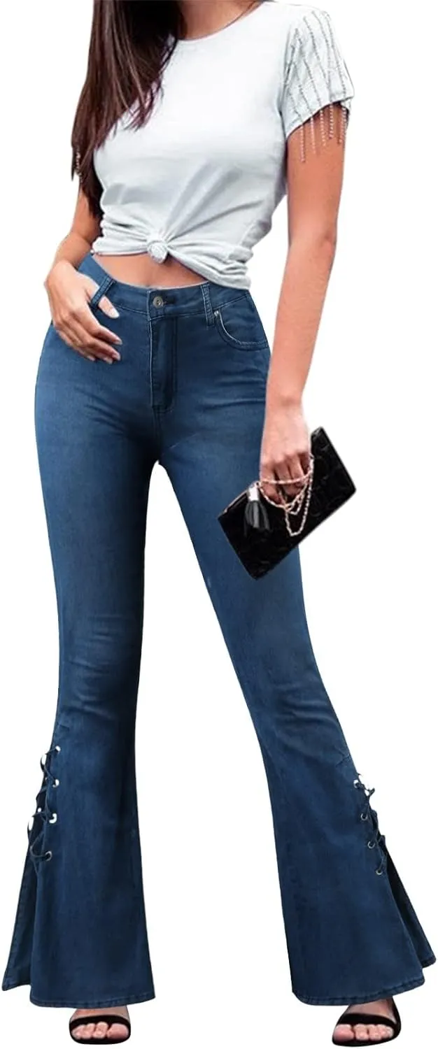 Women's Lace-up Bell Bottom Denim Pants Mid Waist Stretchy Flare Juniors Jeans Trouser Leggings Streetwear