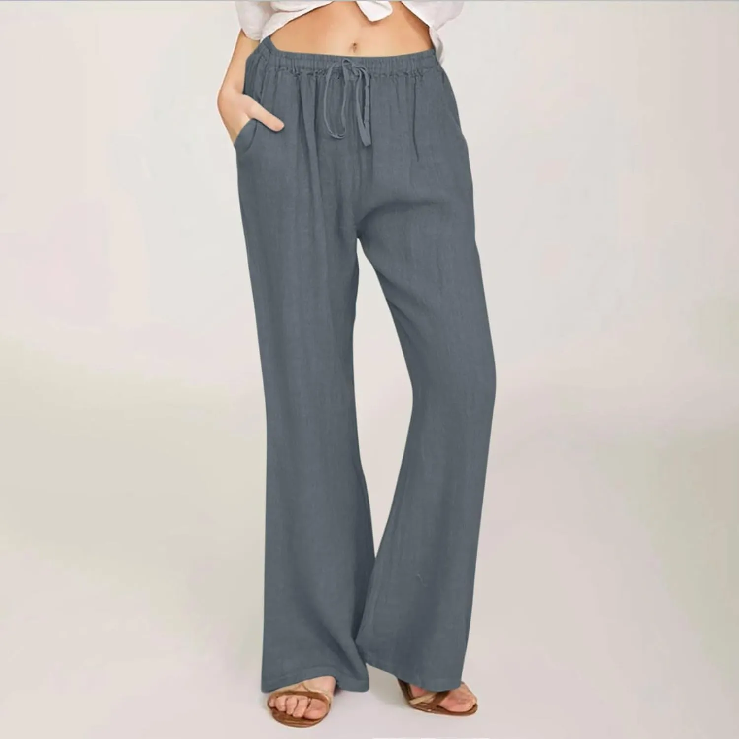 Womens Linen Blend High Waisted Pants Elastic Waist with Drawstring and Pockets,Casual Flared Lounge Trousers