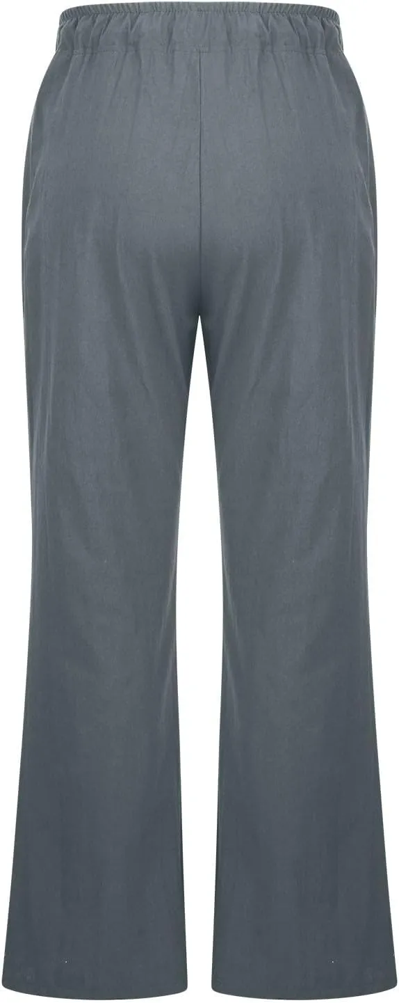 Womens Linen Blend High Waisted Pants Elastic Waist with Drawstring and Pockets,Casual Flared Lounge Trousers