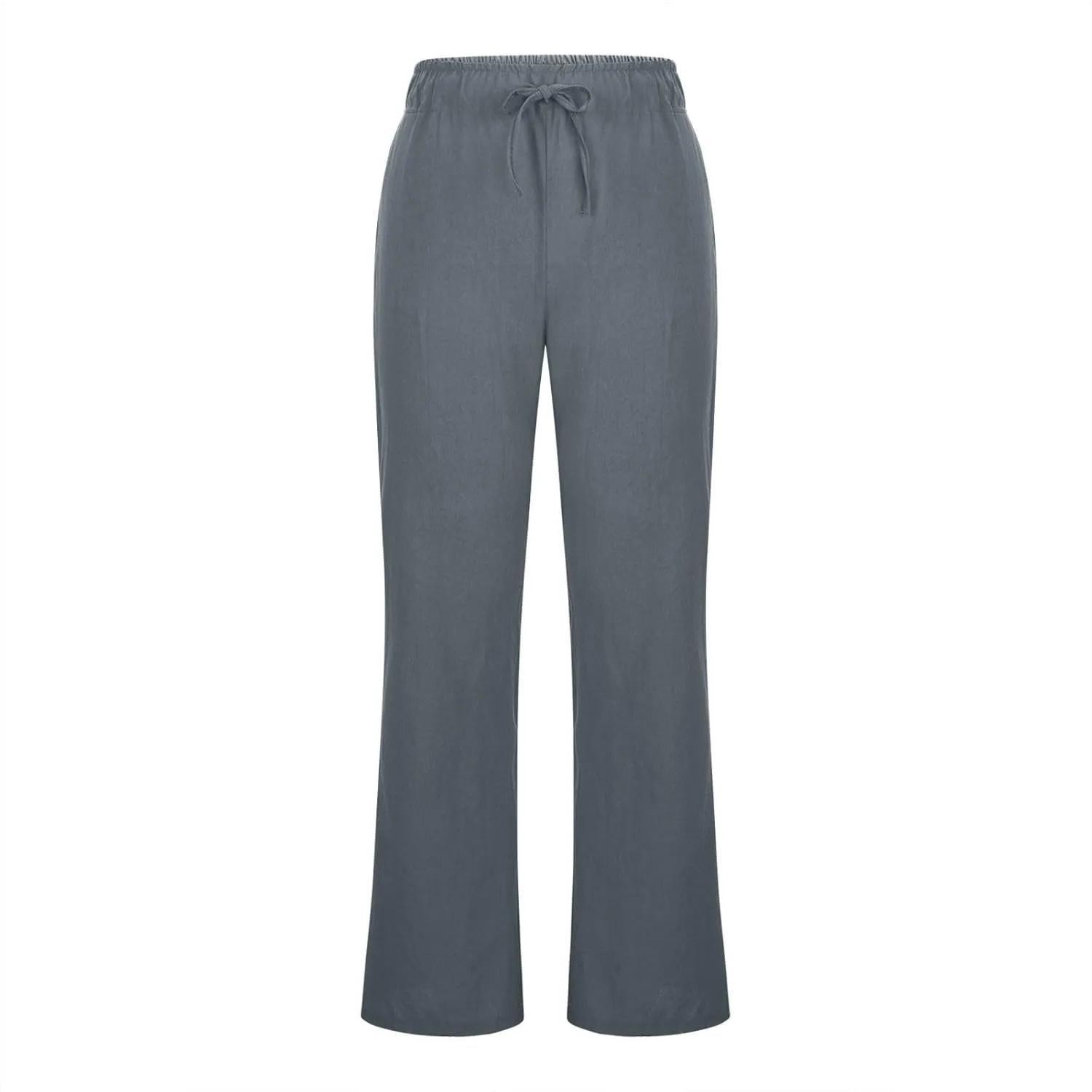 Womens Linen Blend High Waisted Pants Elastic Waist with Drawstring and Pockets,Casual Flared Lounge Trousers