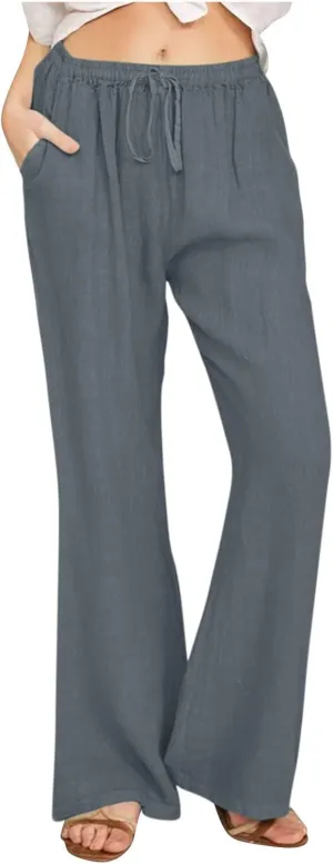 Womens Linen Blend High Waisted Pants Elastic Waist with Drawstring and Pockets,Casual Flared Lounge Trousers