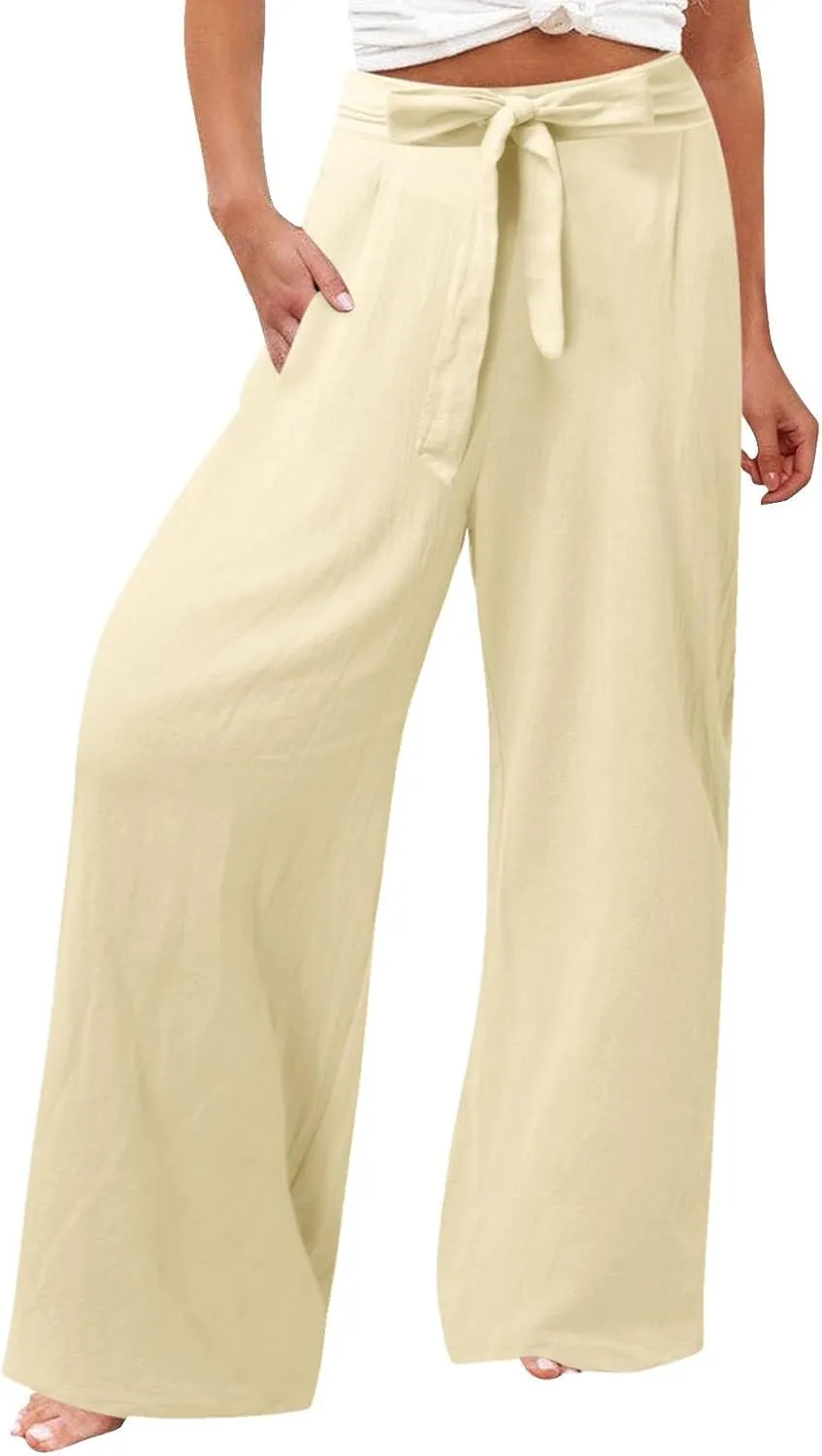 Women's Linen Blend Summer Casual Flowy Pants High Waist Lounge Pants Plus Size Trouser Vacation