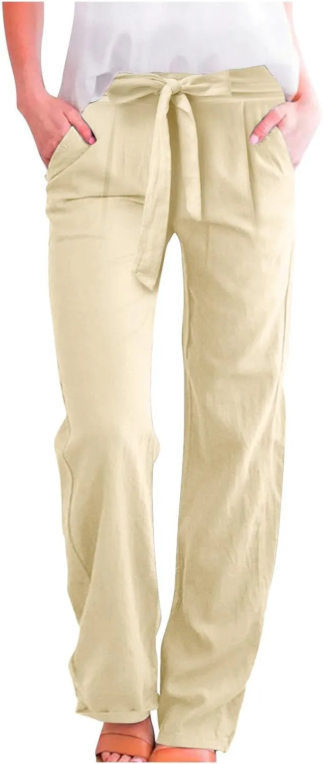 Women's Linen Blend Summer Casual Flowy Pants High Waist Lounge Pants Plus Size Trouser Vacation