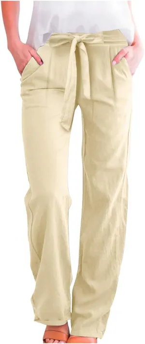 Women's Linen Blend Summer Casual Flowy Pants High Waist Lounge Pants Plus Size Trouser Vacation