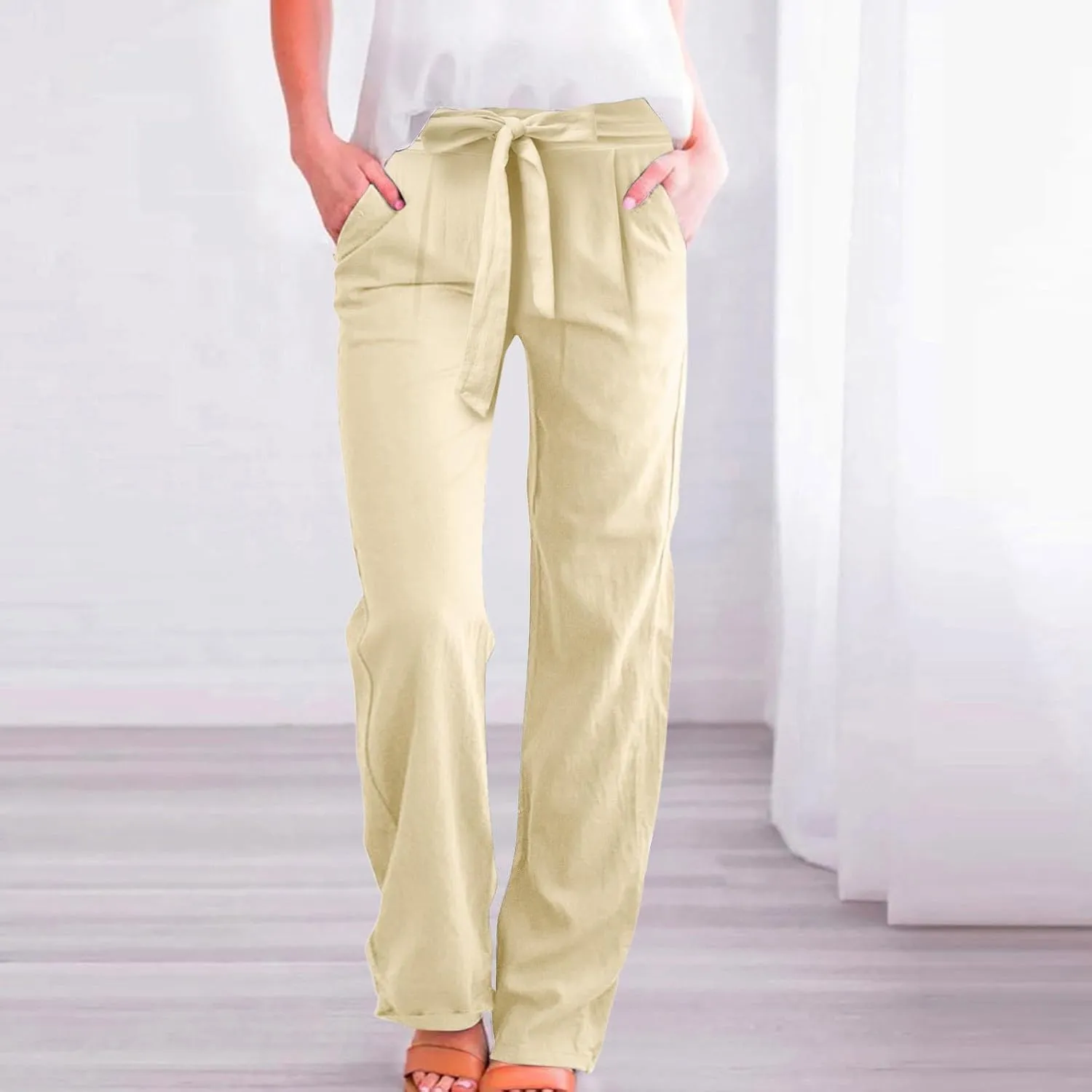 Women's Linen Blend Summer Casual Flowy Pants High Waist Lounge Pants Plus Size Trouser Vacation