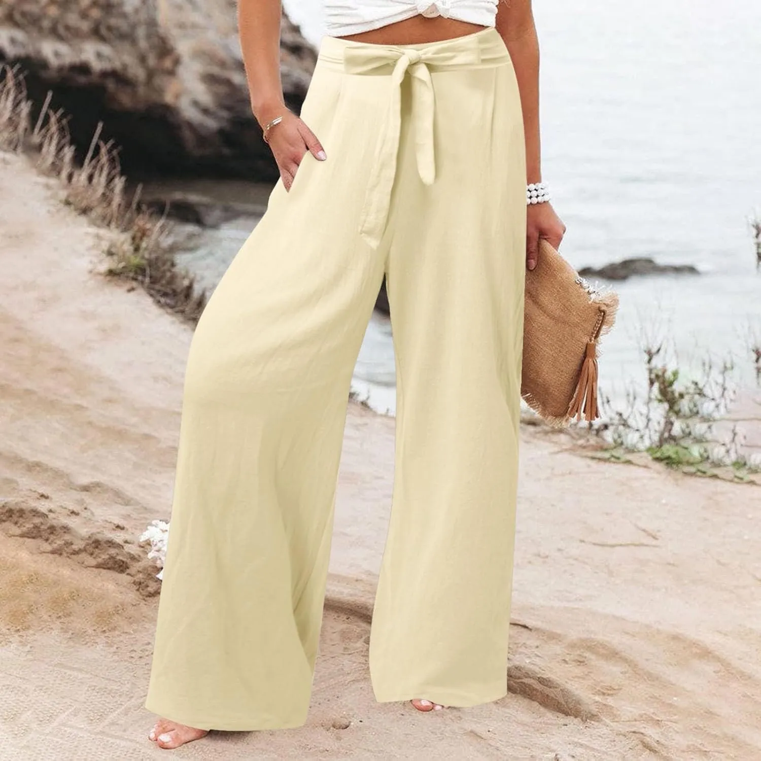 Women's Linen Blend Summer Casual Flowy Pants High Waist Lounge Pants Plus Size Trouser Vacation
