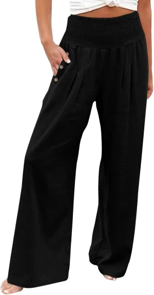 Womens Linen Blend Summer Letter Patched Palazzo Lounge Pants Elastic Waist Wide Leg Slim Fit Palazzo